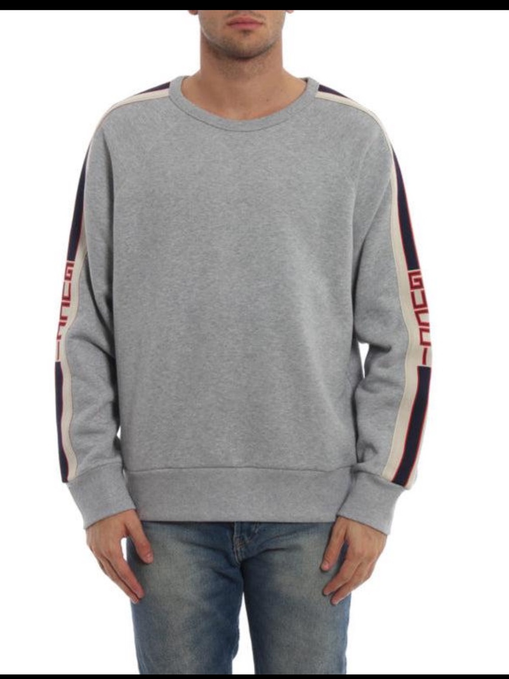 Gucci Gray Crewneck Sweatshirt Red Navy Web Stripe Sleeves